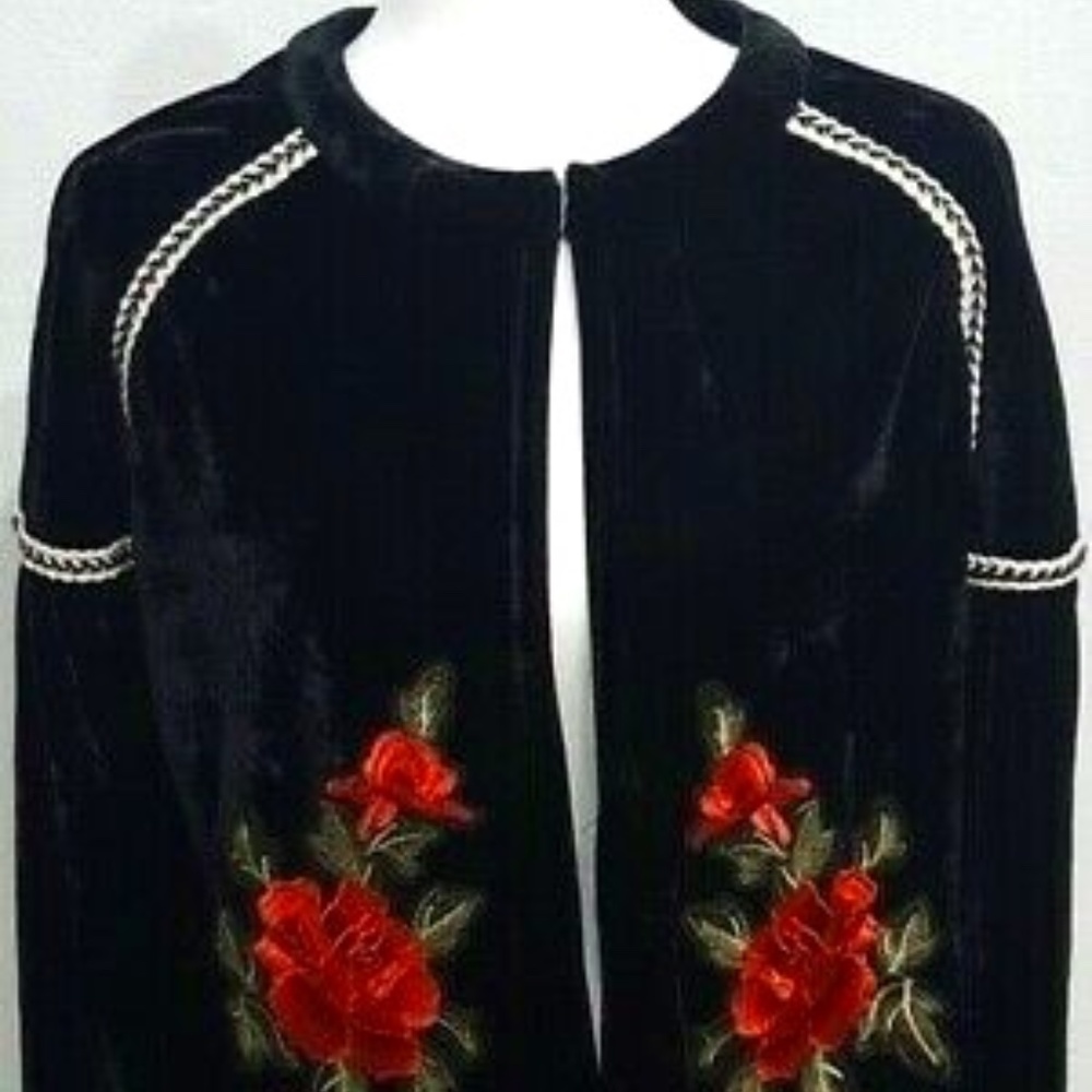 Elodie Black Red Floral Embroidered Velvet Jacket